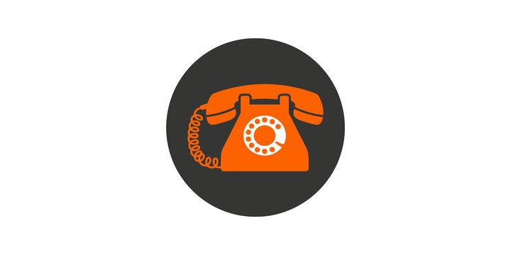 Retro telephone icon with orange handset on dark grey circular background.