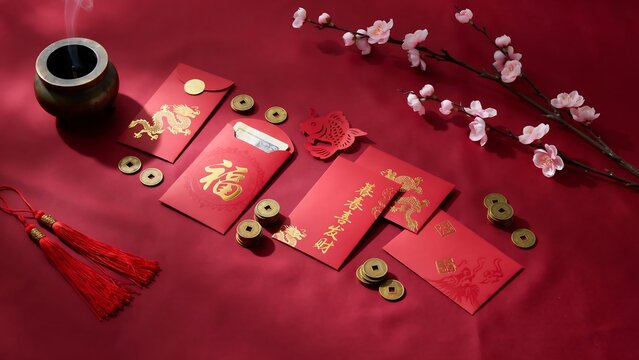 Traditional red envelopes and coins for lunar new year celebration with envelope
