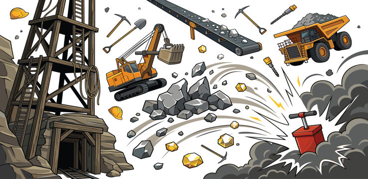 Heavy Duty Coal Mining Industry Vector Set with Excavator, Dump Truck, Conveyor Belt, Tunnel Entrance, and Dynamite Blast Explosion Scene Designs