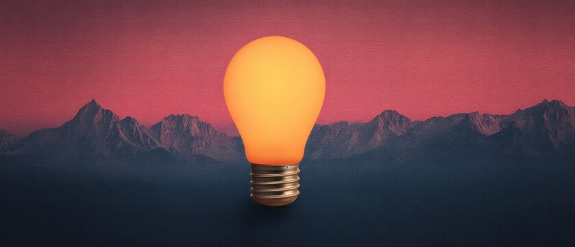 Glowing Light Bulb Centered Against Mountain Range Landscape at Sunset Representing Innovation and Creative Visionary Thinking for Business Growth
