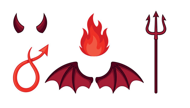 Red devil costume accessories vector set with horns tail wings pitchfork and flame isolated on white background
