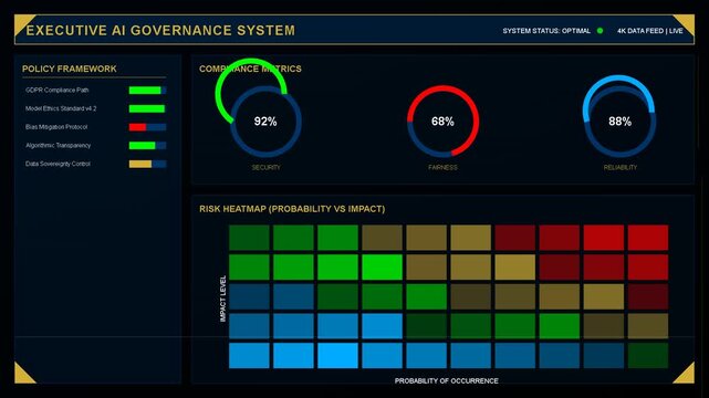 Digital dashboard with data visualization, analytics charts, progress rings and matrix grid, financial monitoring and system oversight, futuristic interface