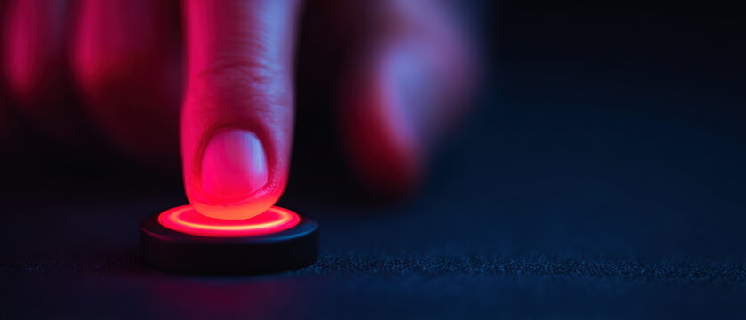 Finger pressing glowing red button on dark panel with neon blue lighting for activation and system launch concept