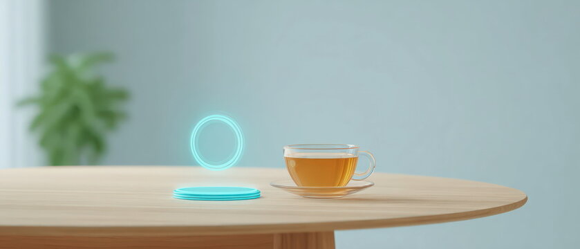 Teacup with saucer featuring glowing blue holographic circle on wooden table with copy space representing futuristic technology and digital innovation