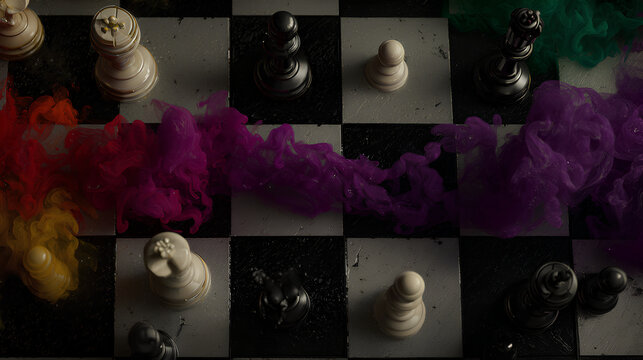 An abstract take on a chess game where each piece becomes a burst of color upon movement glowing fragments in midair, with painterly explosions of color flowing upward like blooming fireworks. 8K ultr