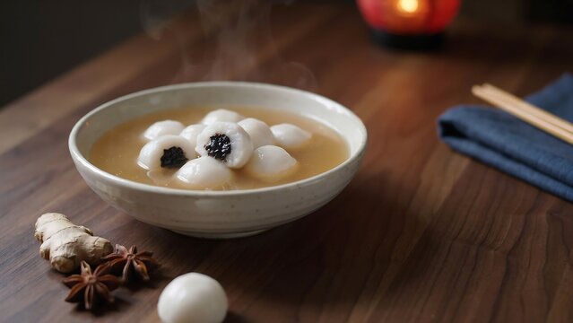 Bowl of sweet ginger soup with black sesame rice balls on a wooden surface