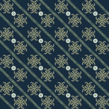 Seamless traditional batik pattern with floral stars and leaf motifs on dark blue background with diagonal stripes 