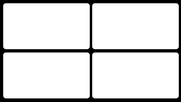 White Four-Panel Window Frame Grid Transition Animation on Black Background, Split Screen Film Frame Matte, 2D Motion Graphics Overlay Element for Video Transitions, 4K