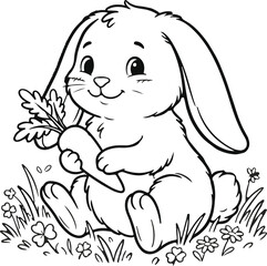 Obraz premium Charming black and white illustration of a sweet bunny sitting in a garden