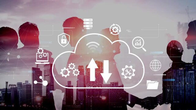 This image captures a business collaboration scene highlighting cloud technology, data sharing, and teamwork against a modern urban backdrop. Perfect for technology and business themes. Entropy.