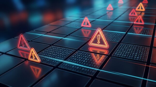 Cybersecurity threat warning concept with glowing red caution signs and binary code patterns on dark modular floor panels representing data breaches and network system vulnerabilities
