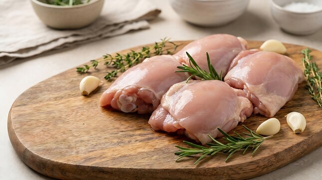 Raw chicken thighs with fresh rosemary and garlic cloves on a wooden cutting board in the kitchen. boneless chicken thigh