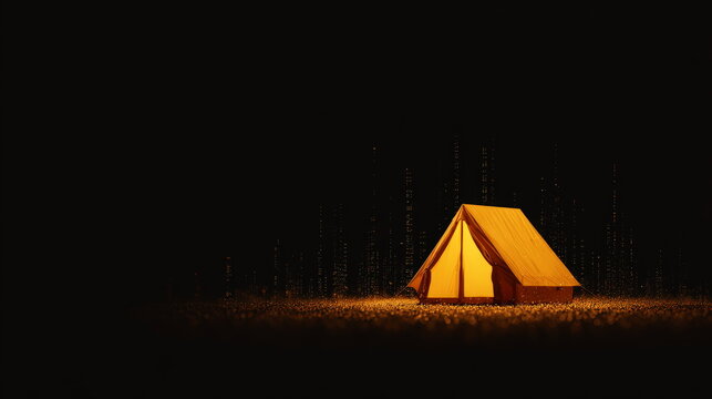 Illuminated tent glowing in dark forest at night with copy space for outdoor adventure travel and wilderness camping lifestyle marketing concepts