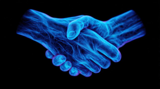 Blue Glowing Digital Handshake Illustration Representing Business Partnership and Technological Collaboration on Black Background