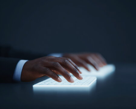Person typing on illuminated computer keyboard in dark office with copy space for digital communication and remote work technology concepts