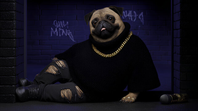 A pug with soft, kind eyes and a wide, happy smile, dressed in a sleek black hoodie, low-slung distressed jeans, gold rings and chain, leaning against a graffiti-tagged alley wall. His human hands hol