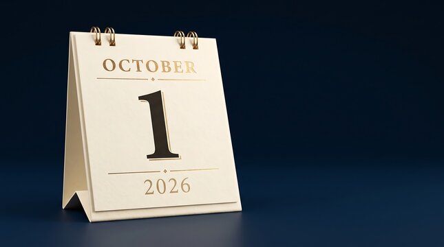 October 1 2026 desk calendar on dark blue background, elegant paper flip calendar showing first day of the month, professional office schedule and time management concept with copy space
