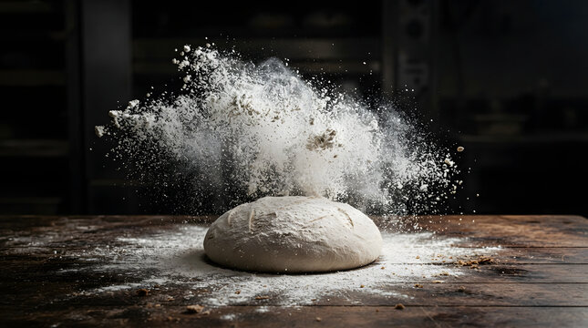 Fresh Artisan Bread Dough with Exploding White Flour Splash on Rustic Wooden Table in Bakery