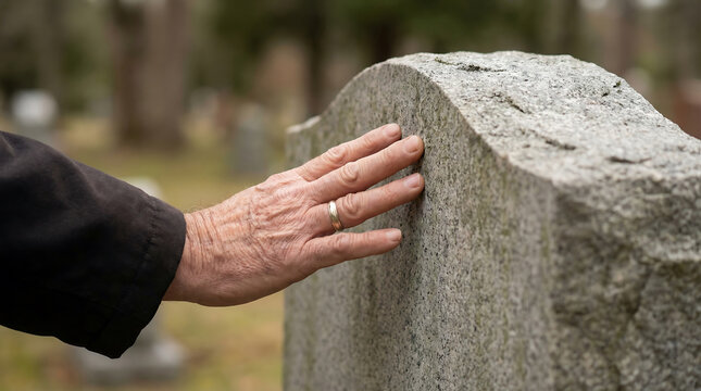 Elderly hand gently touches a weathered gravestone in a solemn cemetery, conveying deep remembrance for advertising campaigns