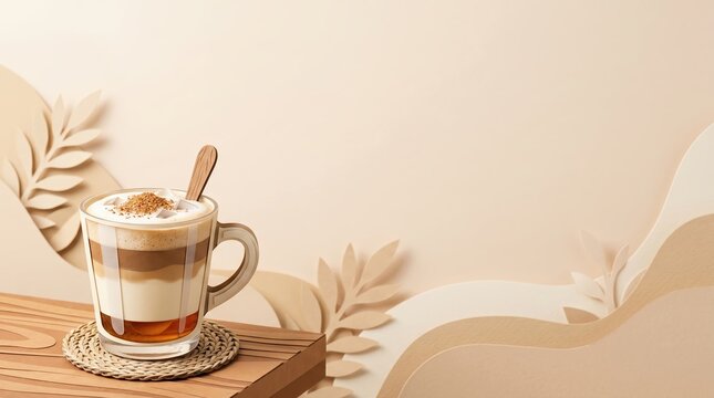 Layered coffee with caramel and cream on a wooden tray