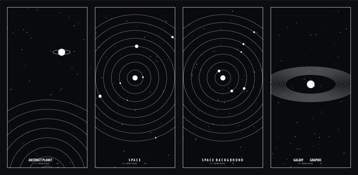 Minimalist celestial poster design set featuring monochrome orbital patterns and deep space star fields for modern wall decor
