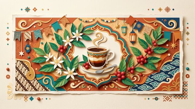 Decorative coffee cup with floral and batik-inspired patterns