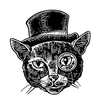 Cat gentleman with monocle dressed in hat. Vintage black engraving illustration for poster. Isolated on white background. Hand drawn design element for label and poster