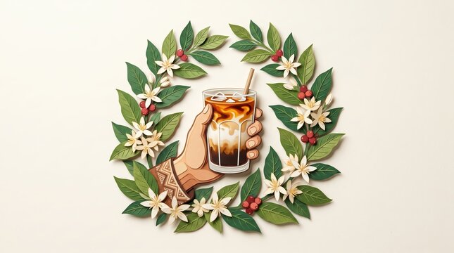 Hand holding cold brew coffee with a botanical wreath