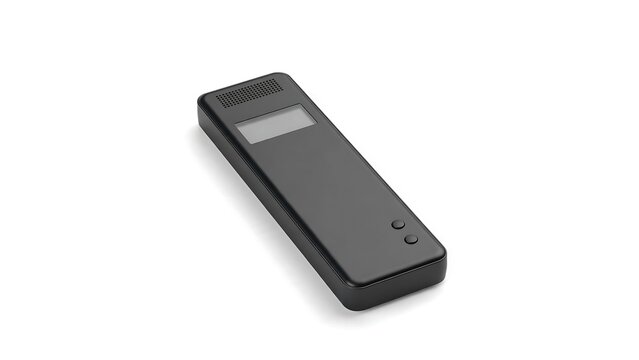 Black digital thermometer rests against white background. Simple design with small screen and two buttons. Clean, minimal aesthetic suitable for medical or tech use. 
