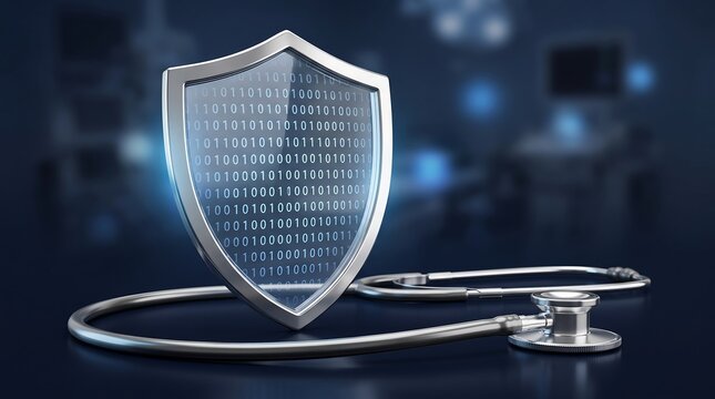 Metallic shield with binary data code surface standing next to stethoscope representing cybersecurity measures for medical records and healthcare data protection in digital era