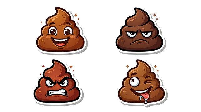 Set of funny brown poop emoji stickers with different facial expressions isolated on white background vector illustration