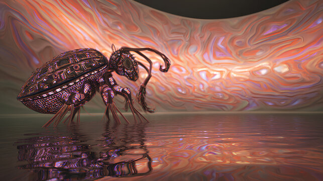 A cosmic robotic beetle with mitochondria-patterned plating and fiber-optic antennae, suspended over a lagoon that mirrors an iridescent silver sphere. The volcanic crater glows in folded ultraviolet-