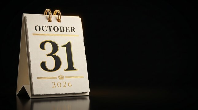 October 31 2026 desk calendar showing Halloween date, elegant paper flip calendar with gold spiral binding on black background, luxury stationery for holiday planning and scheduling