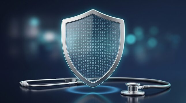 Healthcare data security concept featuring digital shield with binary code pattern and medical stethoscope on dark reflective surface representing medical record protection