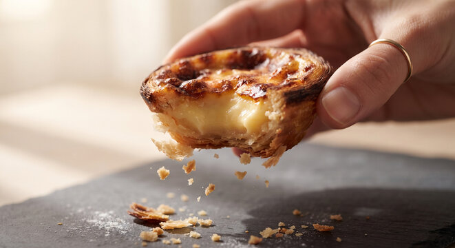 Dynamic action shot of a hand holding a warm Egg Tart, showing a visible bite mark where the shatteringly crisp flaky pastry layers crumble away to reveal the velvety, 