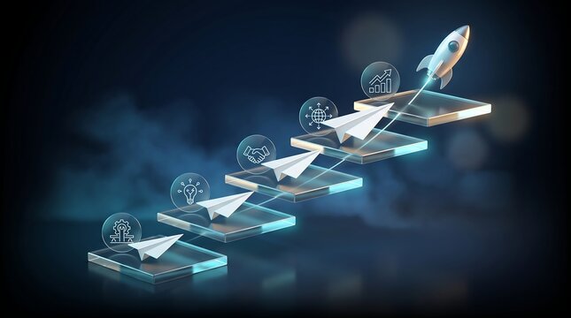 Innovative business growth concept with steps leading to a flying rocket and digital icons on glass platforms against a dark background representing career advancement and success