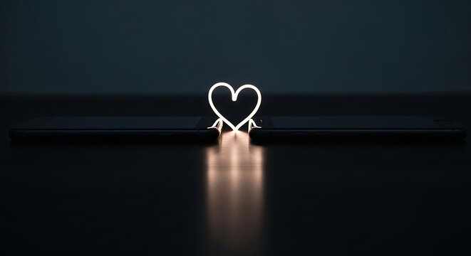 Modern Romance: Illuminated Heart Bridging Two Smartphones on a Dark Table, Symbolizing Digital Love and Virtual Connection
