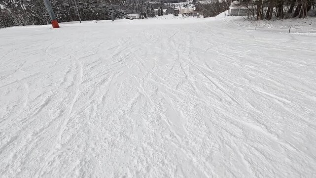 シュプールが刻まれた雪面をスキーで滑走するスピード感ある主観映像（POV）