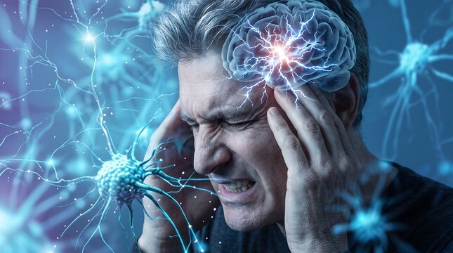 Mature man suffering from severe migraine with glowing brain and neural networks representing headache pain and neurological disorders