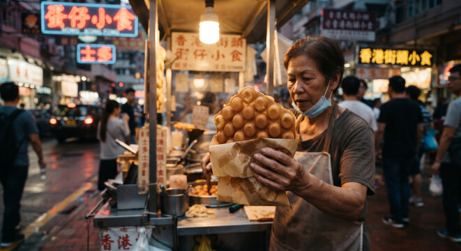 Cinematic lifestyle composition of a warm, paper-wrapped Gai Daan Tsai being held by a vendor near a bustling Hong Kong street stall. 