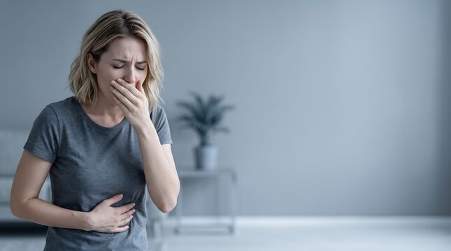 Young blonde woman suffering from nausea and abdominal pain while standing at home