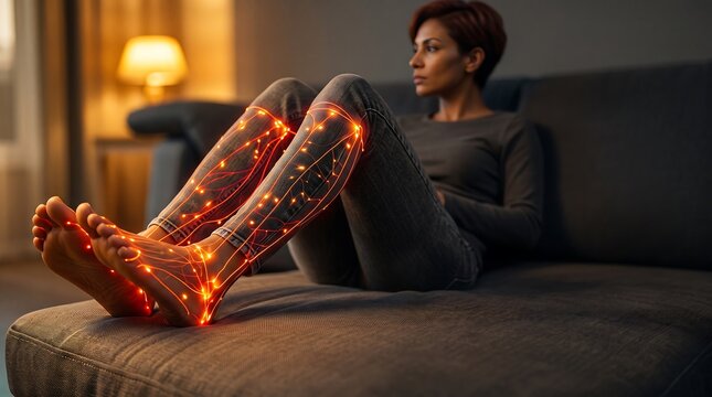 Woman sitting on a sofa with glowing visualization of nerve pain in her legs and feet representing neuropathy