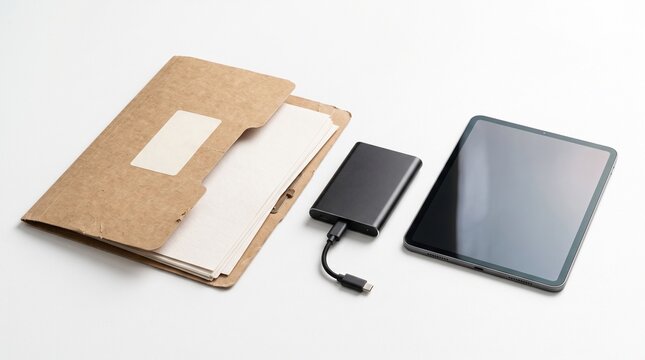 Brown paper folder with white sheets next to a black external hard drive and a modern tablet screen isolated on a clean bright white surface