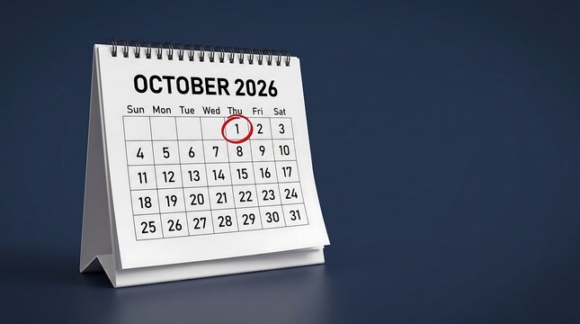 October 2026 desk calendar with red circle on day one, professional monthly planner on dark blue background, spiral bound paper calendar for business scheduling and deadline tracking