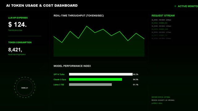 Digital dashboard showing green financial metrics, line charts, and bar graphs for data analysis and business performance tracking