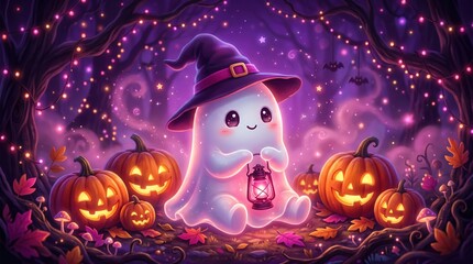 Obraz premium Adorable little ghost in a witch hat sits holding a glowing lantern amidst pumpkins