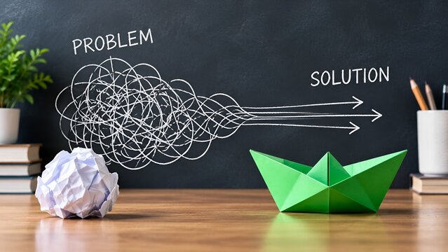 Simplifying complexity concept with tangled lines leading from problem to solution alongside paper boat on desk