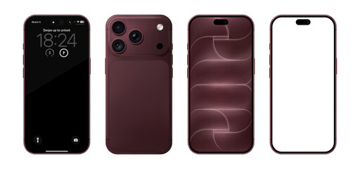 Obraz premium Detailed burgundy red mobile phone mockup. Front and rear view isolated on transparent background. Vector PNG