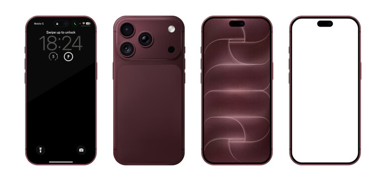 Detailed burgundy red mobile phone mockup. Front and rear view isolated on transparent background. Vector PNG