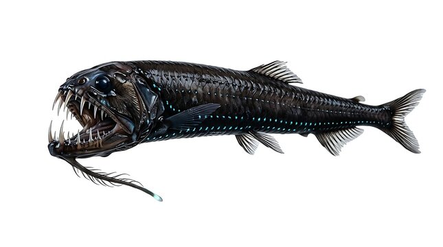 Close-up studio shot of a menacing deep-sea viperfish with sharp teeth and a bioluminescent lure on a white background.